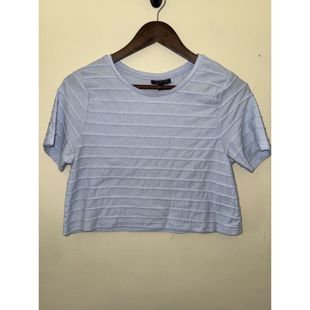 Topshop Pastel Light Blue Scallop Textured Stripe Crop Top T-Shirt Size US 6 M